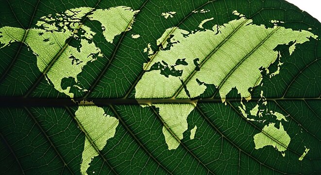 World map shape cut out from a green natural leaf texture background