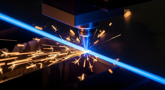 Laser cutting metal with sparks flying