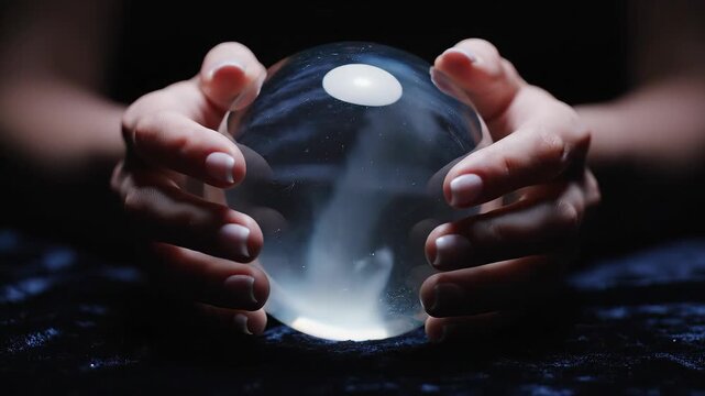 Mystic hands holding glowing blue crystal ball - prophecy and divination scene. Perfect for videos about magic, witchcraft, fantasy, future prediction, or esoteric rituals