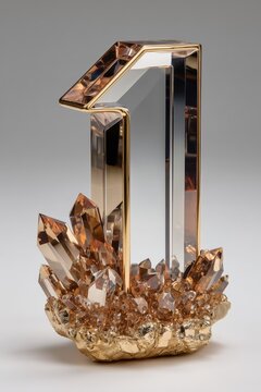 N&uacute;mero 1 de cristal y oro sobre base de cuarzo para &eacute;xito y liderazgo, escultura de lujo n&uacute;mero 1 elegante para celebraciones y aniversarios premium, trofeo art&iacute;stico n&uacute;mero uno con gemas preciosas 