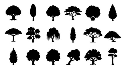 Black tree silhouettes, 18 forest plant icons, nature vector set © Designhoost Ltd