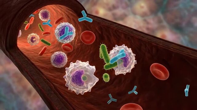 Leukocyte engulfment of bacterial pathogen, demonstrating microscopic immunity defense mechanism within a blood vessel, illustrating cellular biological response to foreign invader.