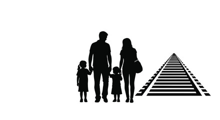 Family of four stands near a railway track a striking silhouette © Jewel