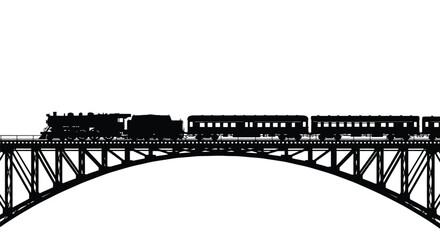 Vintage steam train crossing a bridge dramatic black and white silhouette © Jewel