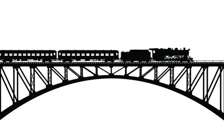 Obraz premium Vintage steam train travels across a curved bridge stark black silhouette