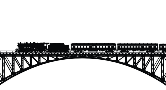 Vintage steam train crossing a bridge dramatic black and white silhouette