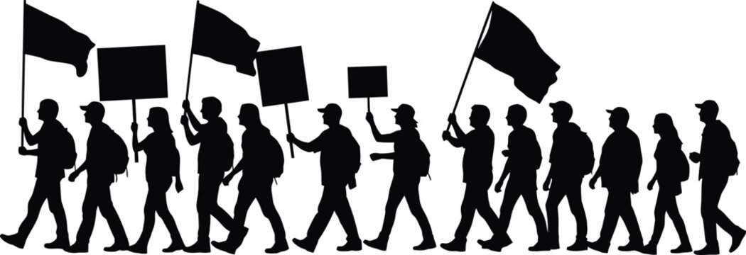 Protest march silhouette people holding flags and signs