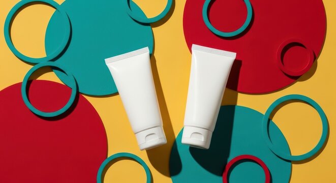 Two blank white cosmetic tubes on a colorful background with geometric shapes