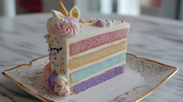 A slice of colorful unicorn cake on a plate isolated on white background