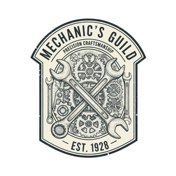 Mechanics Guild Vintage Emblem with Crossed Wrenches and Gears.