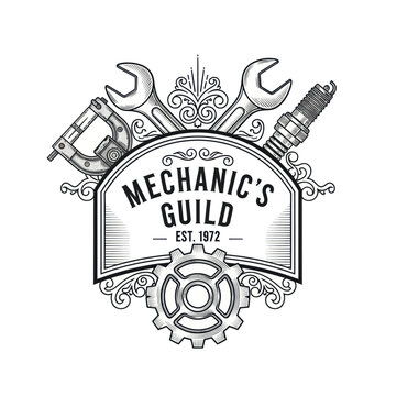 Mechanics Guild Emblem with Tools and Gear.
