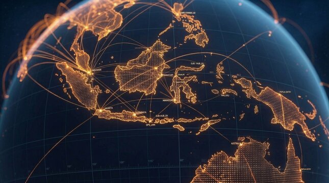 Glowing network lines connect cities across Southeast Asia and Australia on a digital globe.