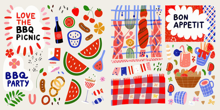 A colorful illustration of a summer barbecue picnic with food and decorations