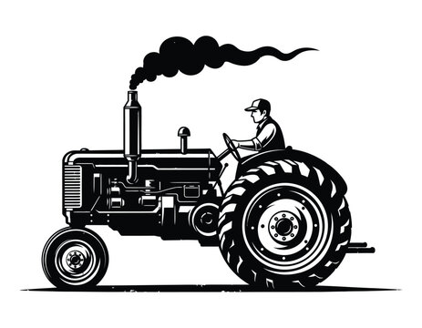 Title vintage farm tractor silhouette a classic agricultural scene with a farmer at the wheel description a striking black and white silhouette of an old fashioned
