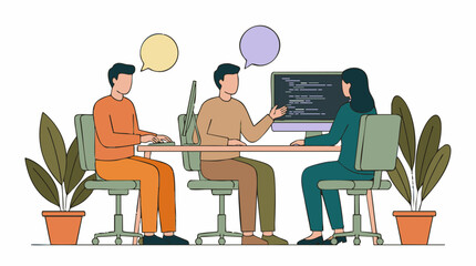 Fototapeta premium Software development team collaborating on a coding project at office desk