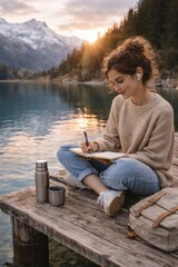 Fototapeta premium woman journaling by mountain lake at sunset with thermos and backpack