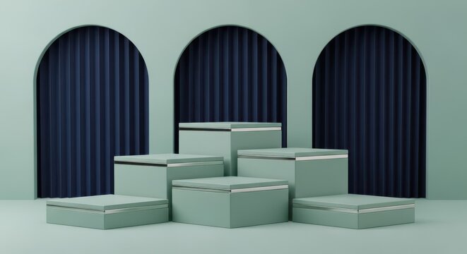 3d rendering of a minimalist product display stand with sage green geometric podiums and dark blue pleated curtain background