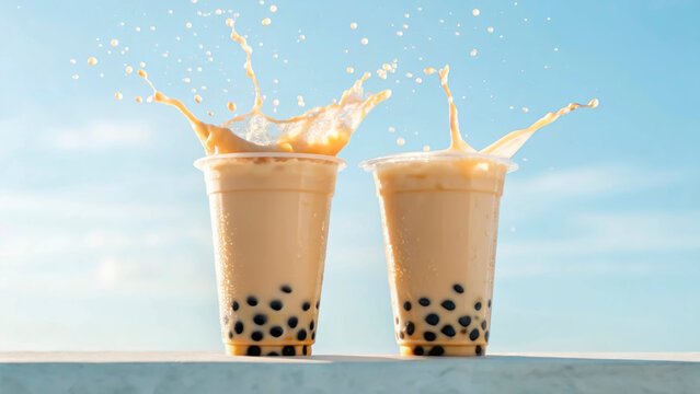 Two clear cups filled with cold drinks and tapioca pearls stand on a table. Liquid splashes out as the cups are nearly full. The background shows a blue sky and warm sunlight