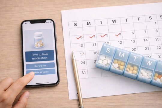 smartphone medication reminder beside calendar and weekly pill organizer