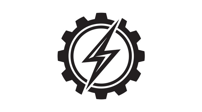 A black and white graphic illustration of a gear with a lightning bolt symbol inside, representing power and industry.