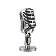 Fototapeta premium Classic microphone in silver metal standing on a white background for studio recording