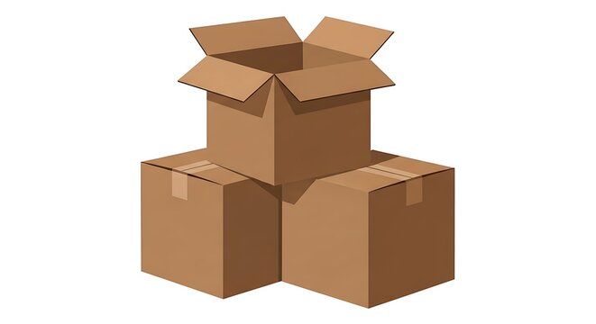 Three cardboard boxes, stacked, one open, others closed, against a plain white background