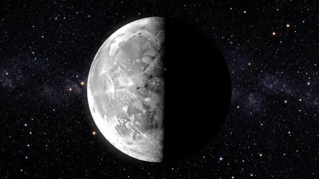 Half-Illuminated moon rotating in starry cosmos. Cinematic lunar orbit animation with deep space background. 