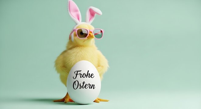 Cute easter chick wearing bunny ears and sunglasses holds an egg with frohe ostern text on a mint green background