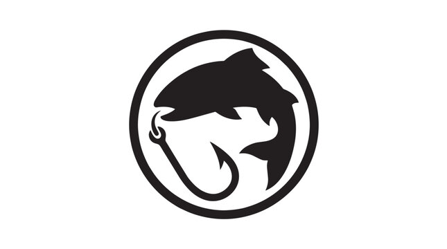 A black and white circular logo featuring a stylized fish leaping over a fishing hook, symbolizing fishing and outdoor activities.