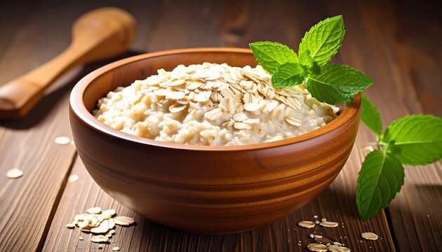 Rustic bowl of oatmeal with fresh mint leaves on a wooden surface, bathed in soft, natural light