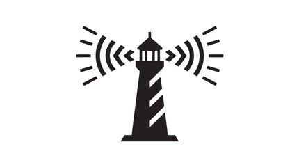 Fototapeta premium A black and white silhouette of a lighthouse emitting radio waves or signals from its top, symbolizing guidance and communication.