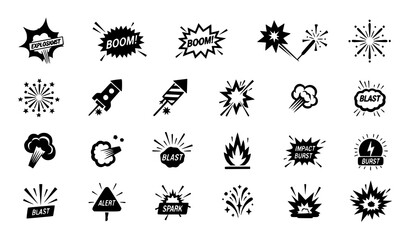 Modern explosion icons collection with burst fireworks spark and comic boom symbols filled vector isolated on white © Shukimon