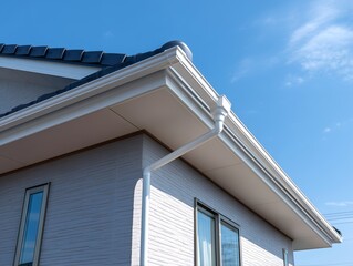 Fototapeta premium 青空の下に建つ清潔感のある白い外壁の一戸建て住宅と雨樋や屋根の軒下を写した外観写真
