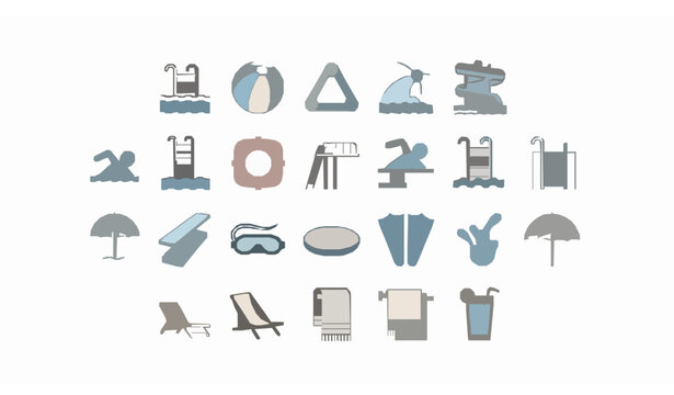 Elegant pool icons set with beach ball waterslide swimmer and summer water symbols premium filled and outline vector isolated on white