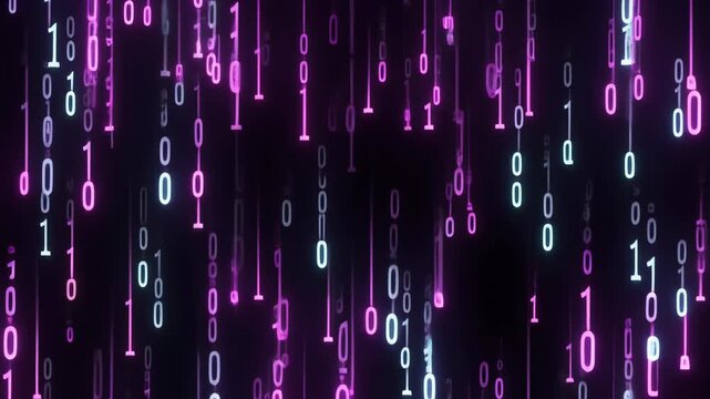 Digital abstract background. Falling binary code numbers. Neon pink and blue glowing motion graphics. Technology data stream.