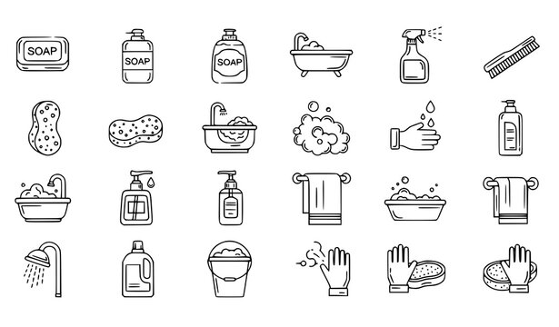 Modern soap icons collection with cleaning hygiene bathroom and wash symbols outline vector isolated on white
