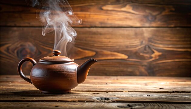 Brown teapot with rising steam on wooden table against rustic wooden wall
