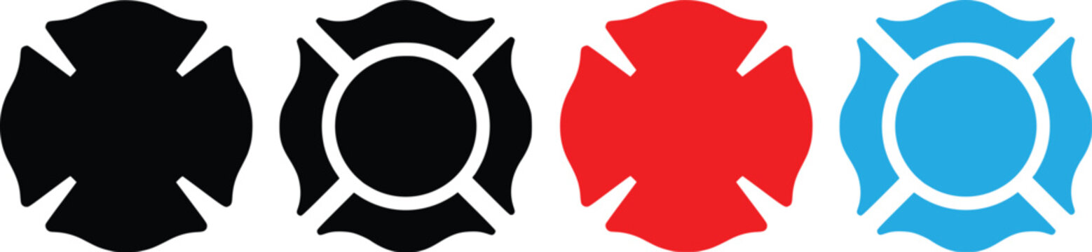 Firefighter maltese cross icon set, fire department emergency service symbols vector illustration.