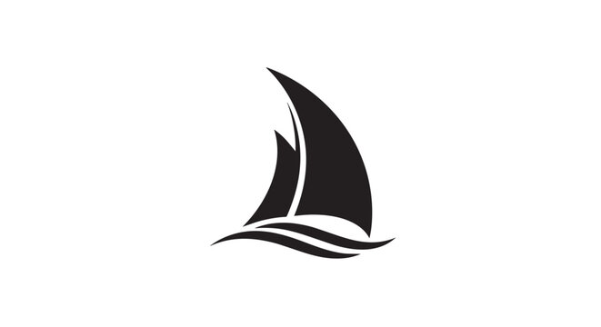 A minimalist black silhouette logo of a sailboat with two sails gracefully gliding on stylized waves against a clean white background.
