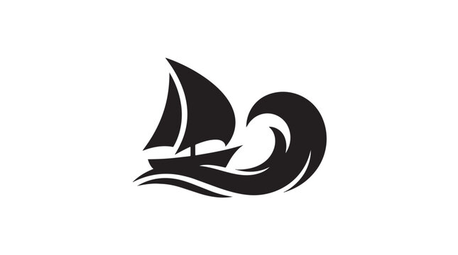 A stylized black silhouette of a sailboat navigating through a large, dynamic wave on a white background.