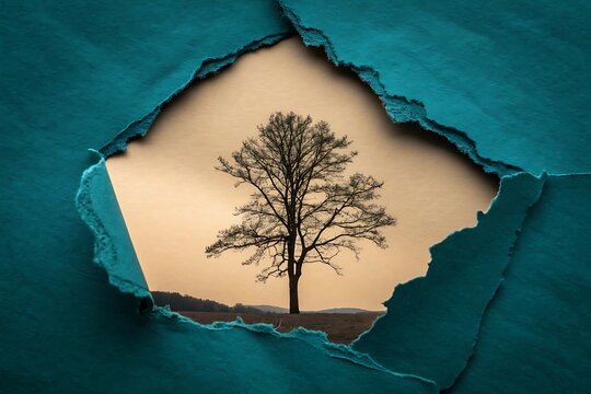 Lone bare tree visible through torn teal paper frame