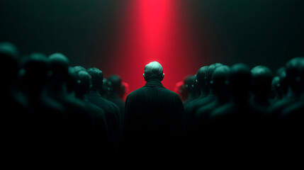Fototapeta premium Liderazgo e individualidad en una multitud bajo luz roja cinematográfica, persona con poder destacado entre un grupo anónimo en la oscuridad, concepto de distinción e individualidad