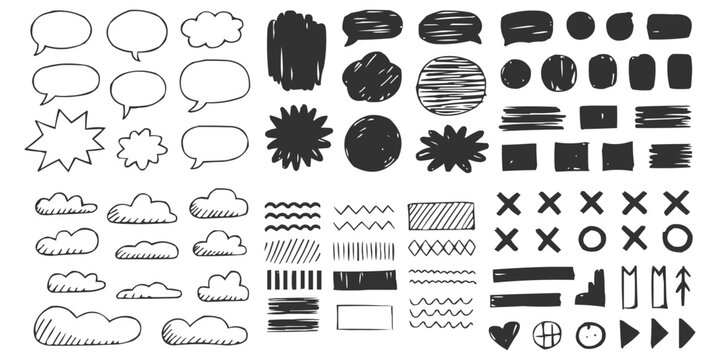 An extensive collection of hand-drawn doodle graphic elements featuring speech bubbles, thought clouds, abstract shapes, lines, and various symbols for creative design.
