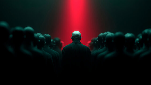 Liderazgo e individualidad en una multitud bajo luz roja cinematogr&aacute;fica, persona con poder destacado entre un grupo an&oacute;nimo en la oscuridad, concepto de distinci&oacute;n e individualidad