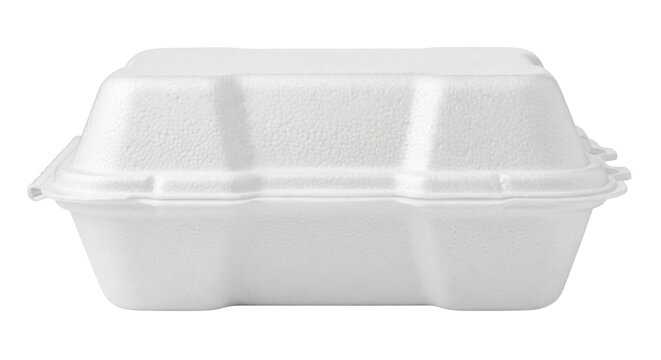 Closed white styrofoam clamshell food container
