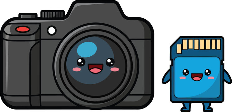 A cartoon camera and memory card illustration with happy faces