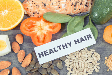 Nutritious products and ingredients containing differents vitamins or minerals for healthy hair