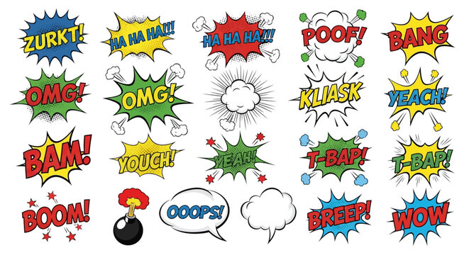 Dynamic collection of vibrant comic book sound effect speech bubbles and explosive graphic elements for expressive pop art designs and engaging visual communication