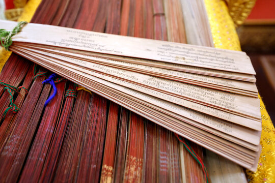 Wat Bo temple.  Traditional Cambodian palm leaf manuscripts preserve sacred Buddhist teachings in Khmer script.  Siem Reap. Cambodia.