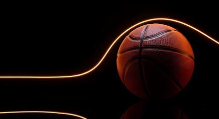Fototapeta premium Basketball on a dark background with a glowing orange wavy line, reflecting on a shiny surface, representing dynamic motion.